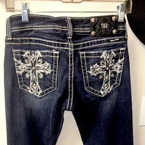 Miss Me Blue Boot Cut Jeans with Ornate Cross Design